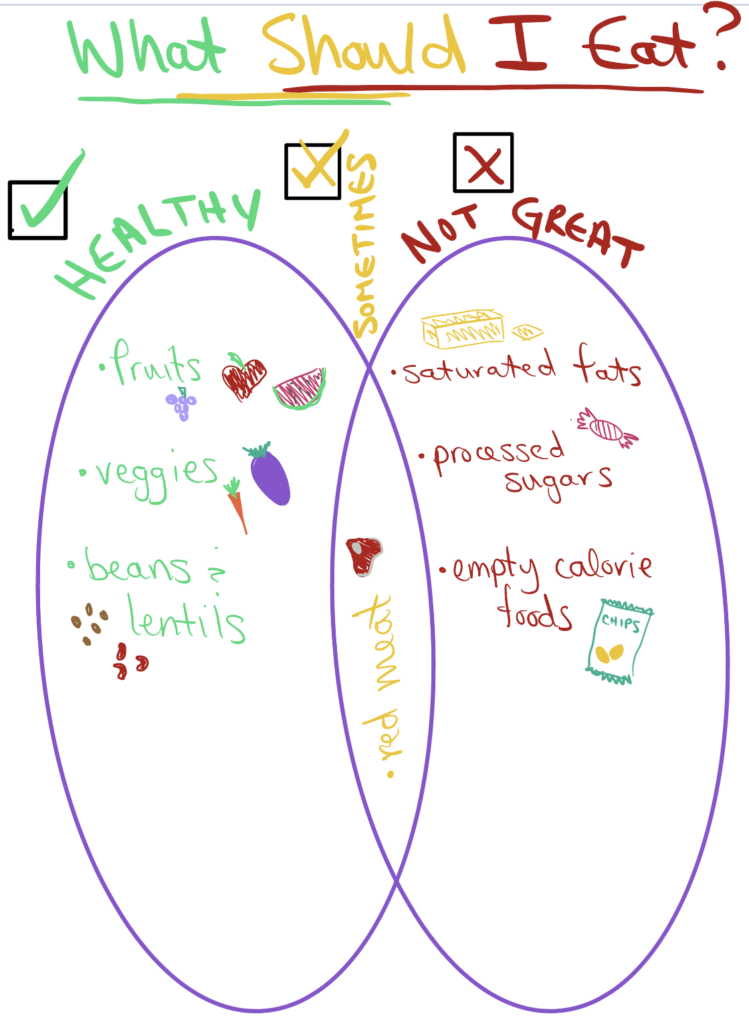 This is a venn diagram with healthy foods in one side (fruits and vegetables), “sometimes” foods in the combined middle section (red meat), and not great foods in the other side (saturated fats, processed sugars).