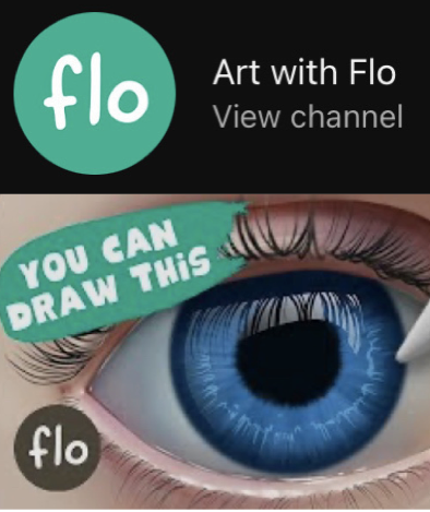 A logo of the YouTube channel “Art with Flo”. There is a picture of a realistic eye with a bright blue iris underneath being drawn with an iPencil.