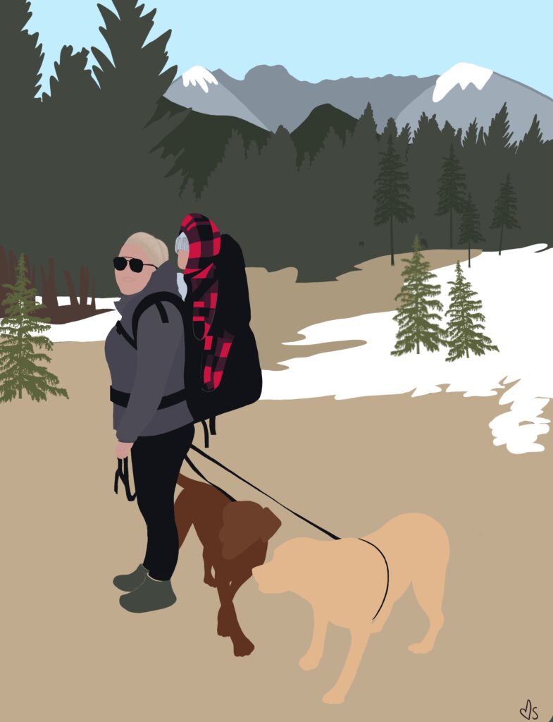 An illustrated portrait of a person wearing a baby in a carrier on their back, with two knee height dogs on leashes. They are walking through pine trees and there is mountains in the background.