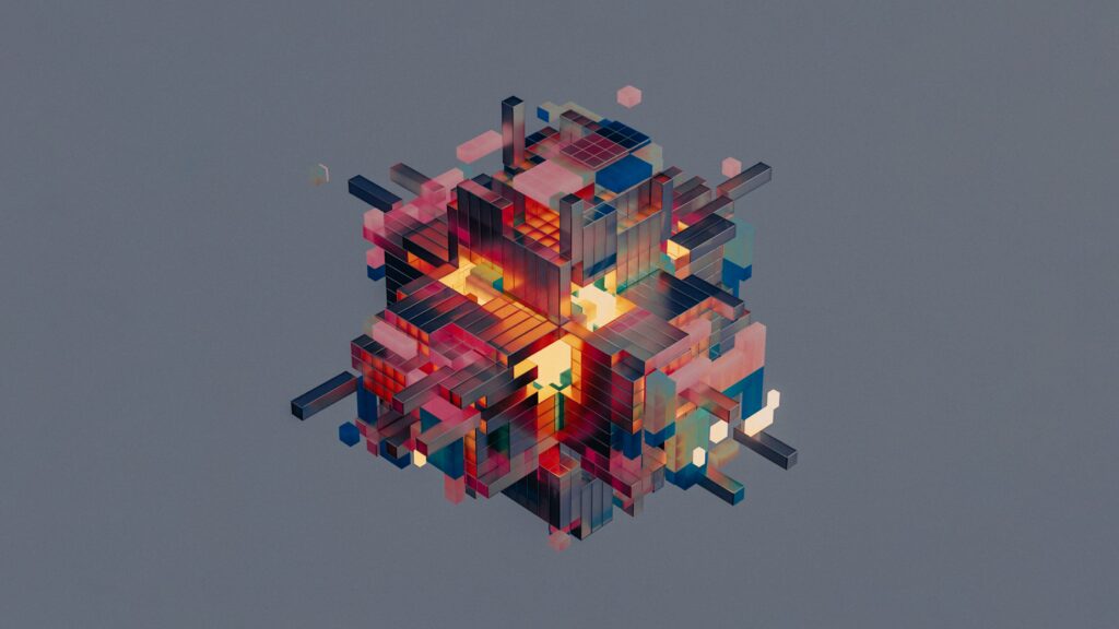 A 3-D pixilated floating cube, created digitally.